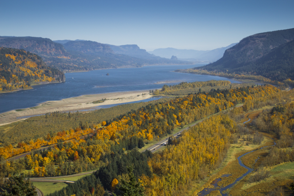 Aerial view of Washington forest and river terrain